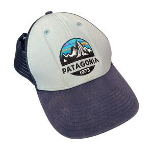Patagonia Fitz Roy 1973 Trucker Hat Snap Back Blue Gray Canvas Mesh Outdoor